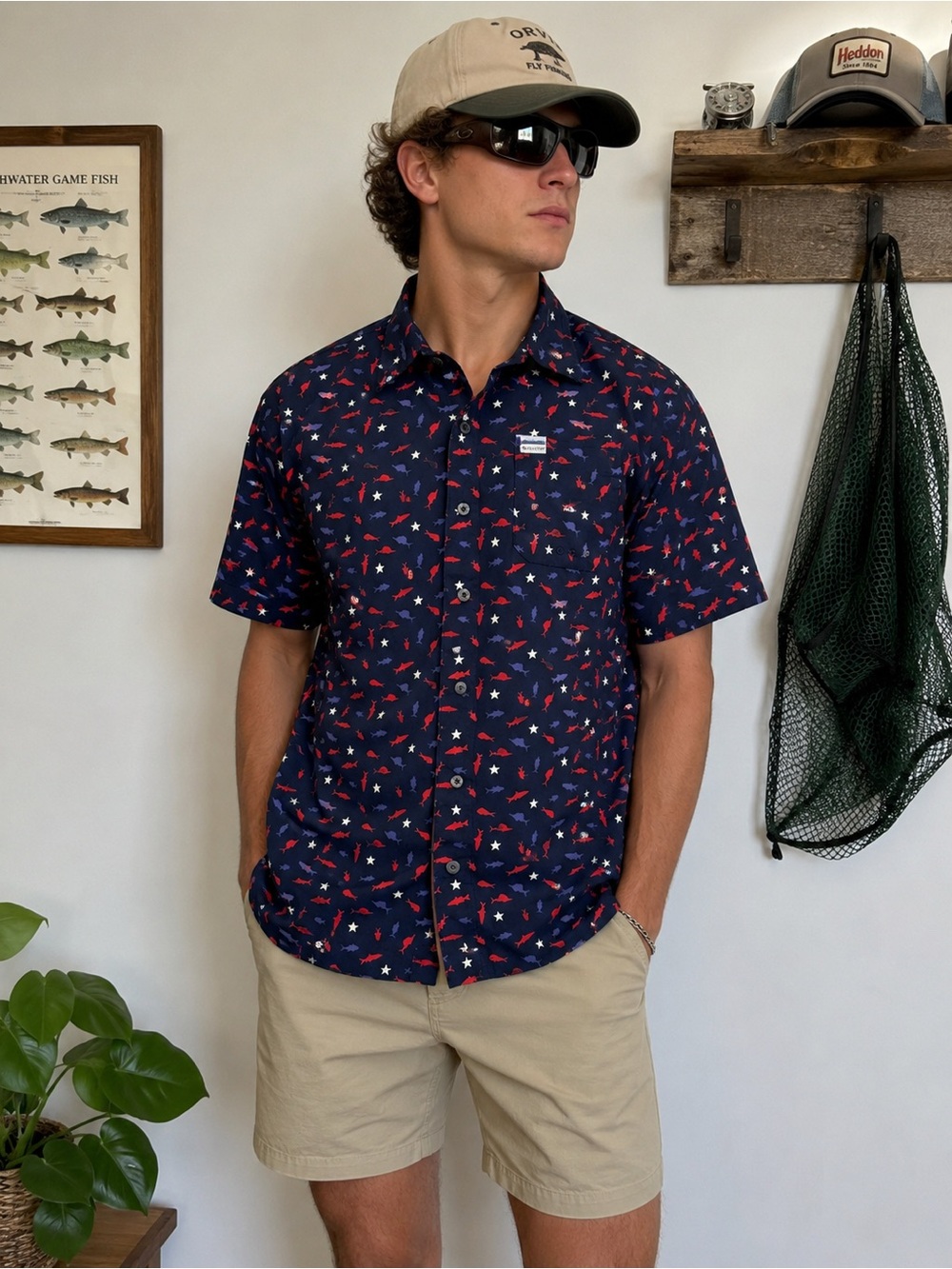 Columbia Navy Short-Sleeve Button-Down with Red & White Fish Print